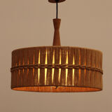 Vintage Temde Hanging Lamp with Teak and Raffia 1960s Germany.