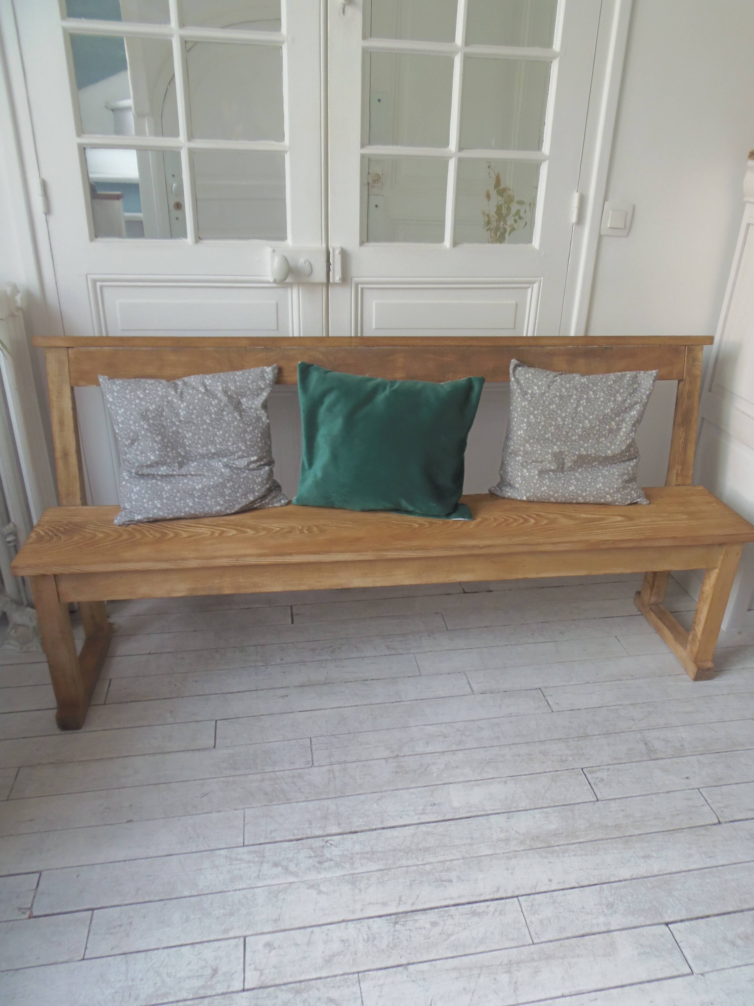 Church bench, bed end in pitch pine with light oak wax finish.