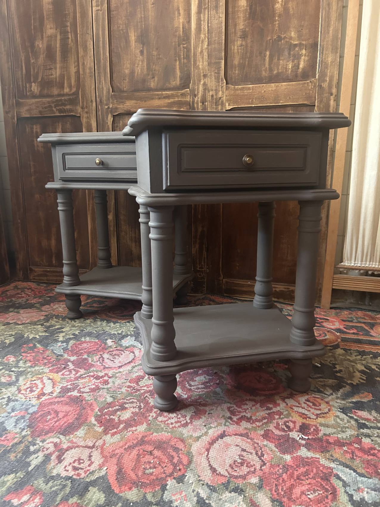 Pair of vintage bedside tables in fir, reimagined – waxed finish – both elegant.