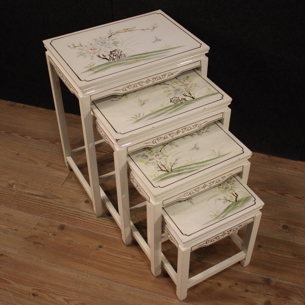 Set of 4 French lacquered and painted coffee tables