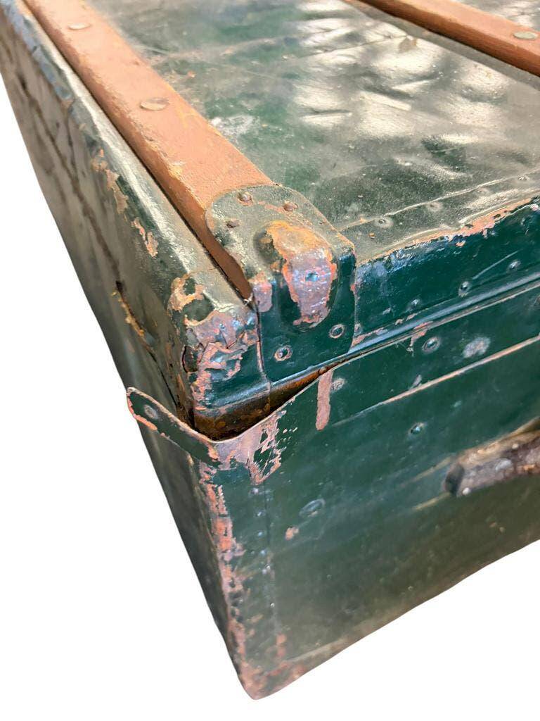 XL vintage green metal industrial trunk / travel trunk