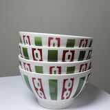 4 coffee bowls made of Badonviller earthenware, Art Deco decor from the vintage 1940s-1950s.