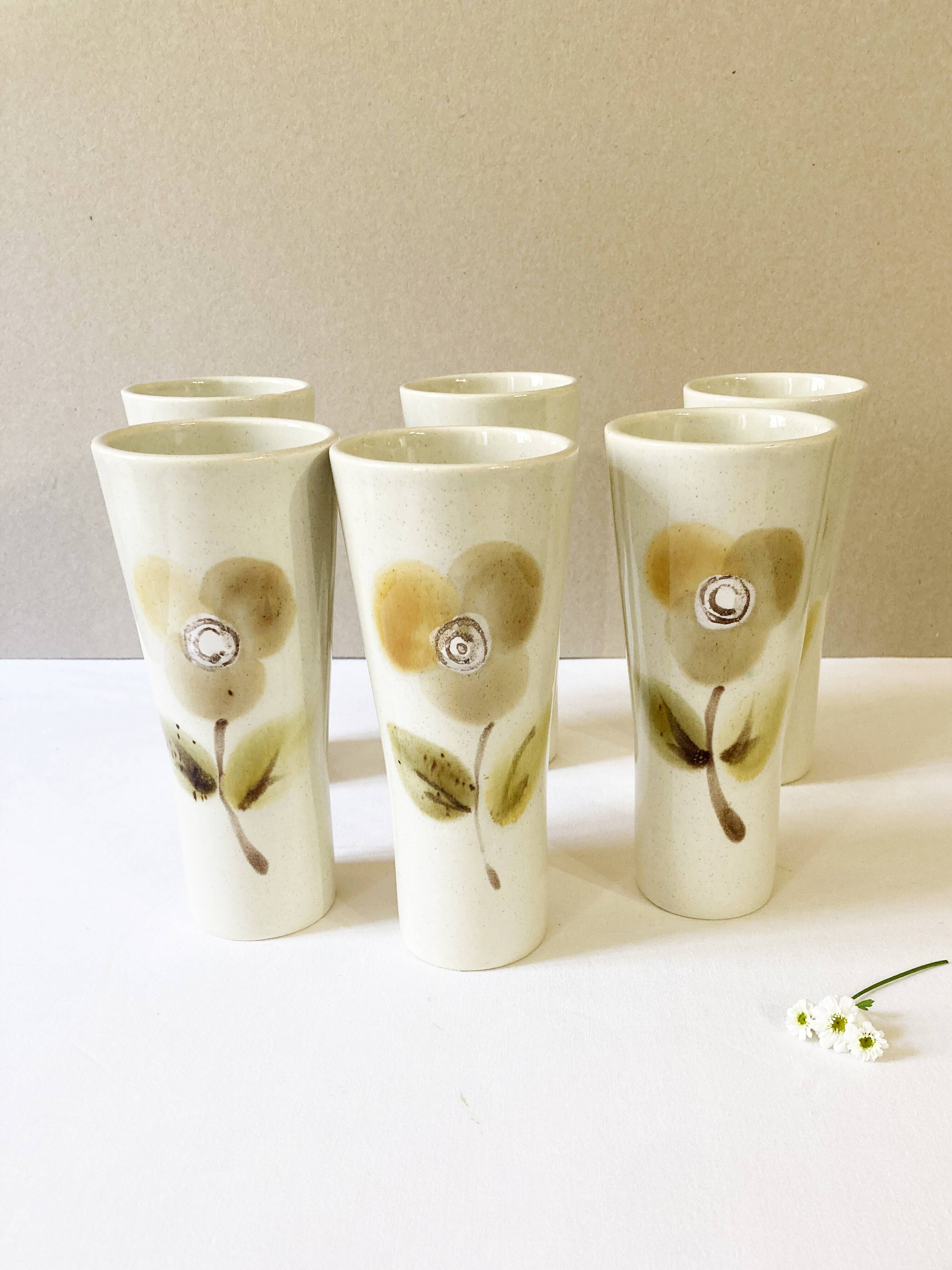 Large ceramic glasses, hand-painted flower pattern, beige/cream tones