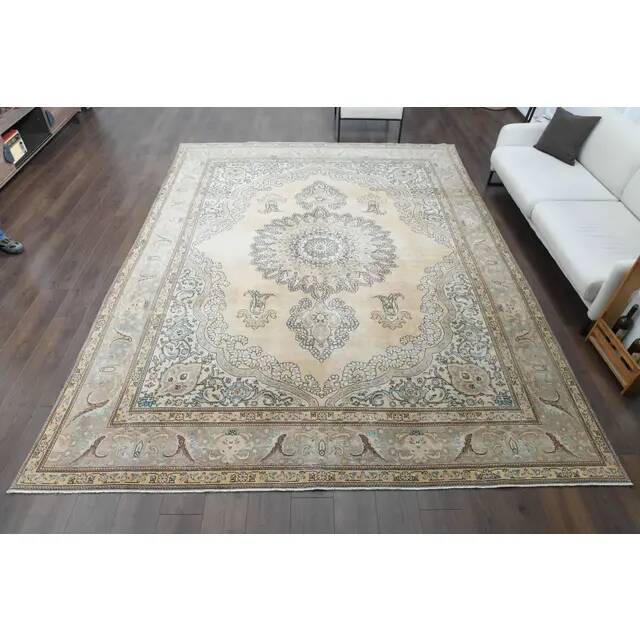 1960s Vintage Persian Handmade Wool Cotton Beige Area Rug 290x385