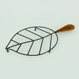 Danish modern leaf-shaped coaster metal and leather 1950s 60s