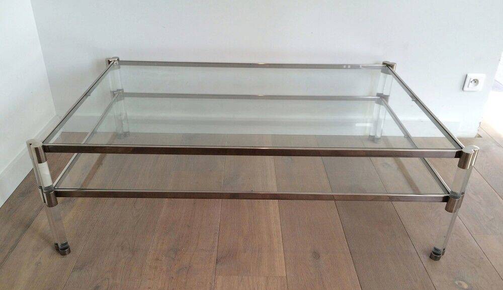 Large coffee table in plexiglass and chrome with a double glass top.