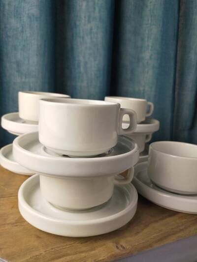 7 sarreguemines bistro cups and saucers - cnp - white porcelain