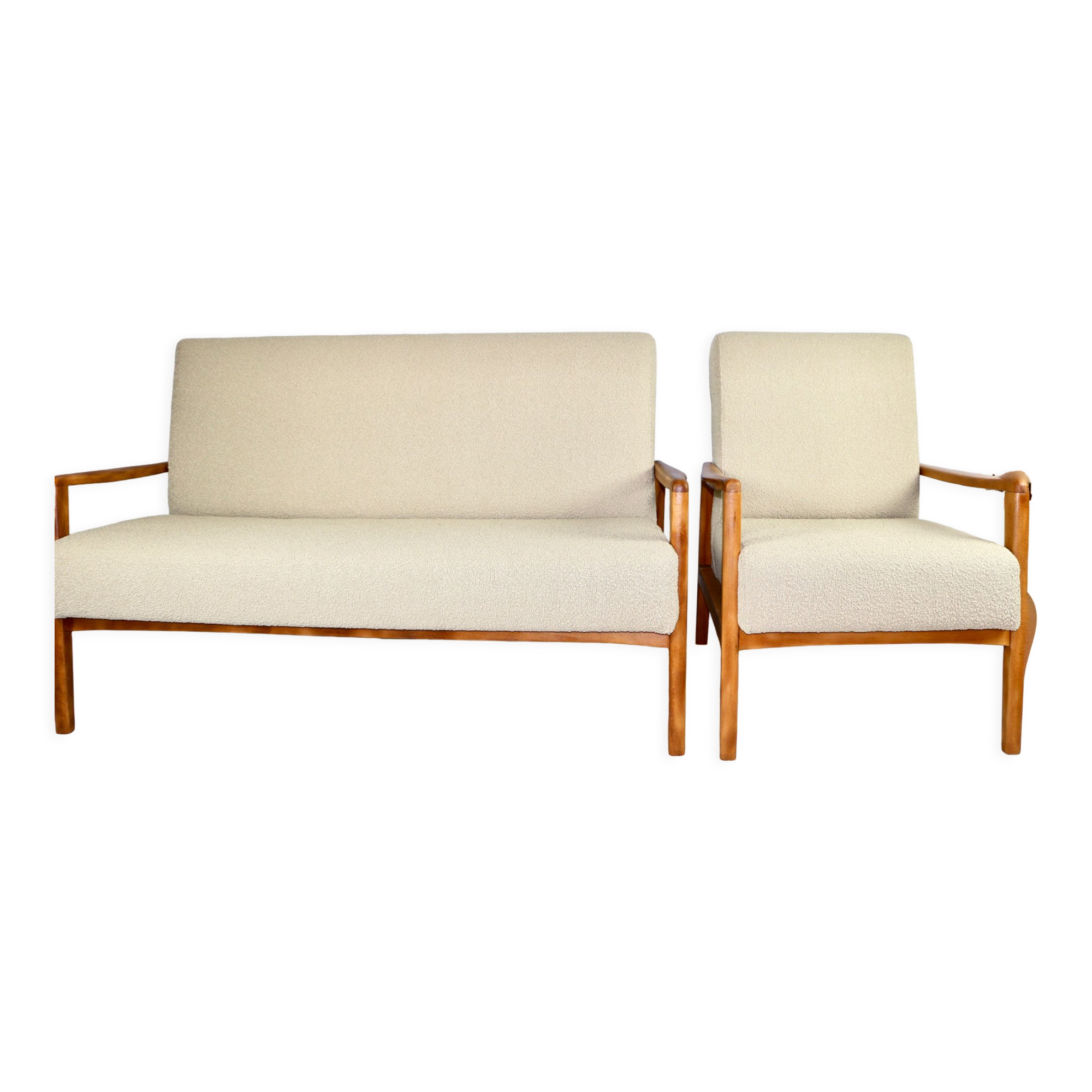 Set of vintage beige boucle sofa and armchair, 1970s