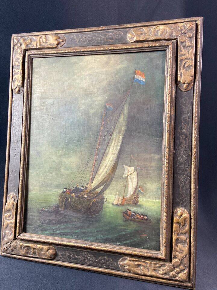 Tableau huile sur panneau Ecole hollandaise Marine monogrammée