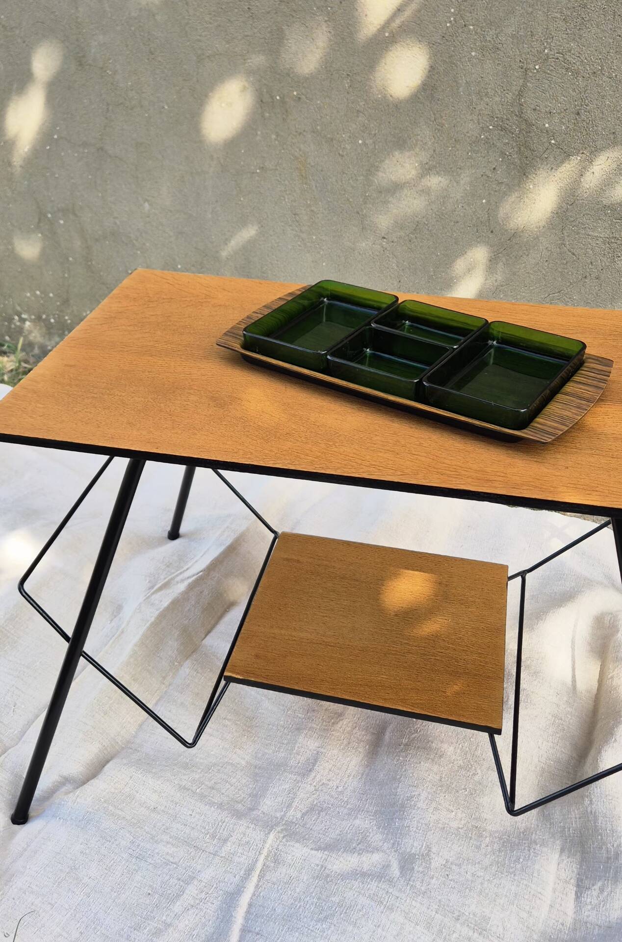Small table, vintage Scandinavian TV unit in metal and wood, renovated.