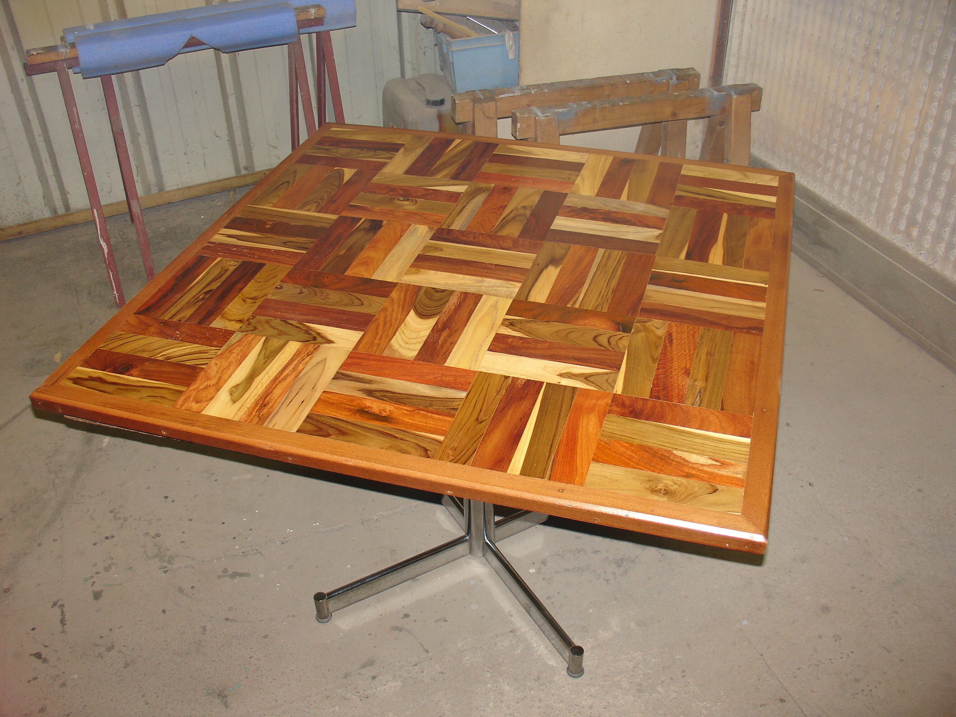 Square table in solid wood mosaic with chrome base, circa 1970