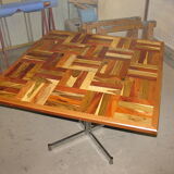 Square table in solid wood mosaic and foot chrome around 1970