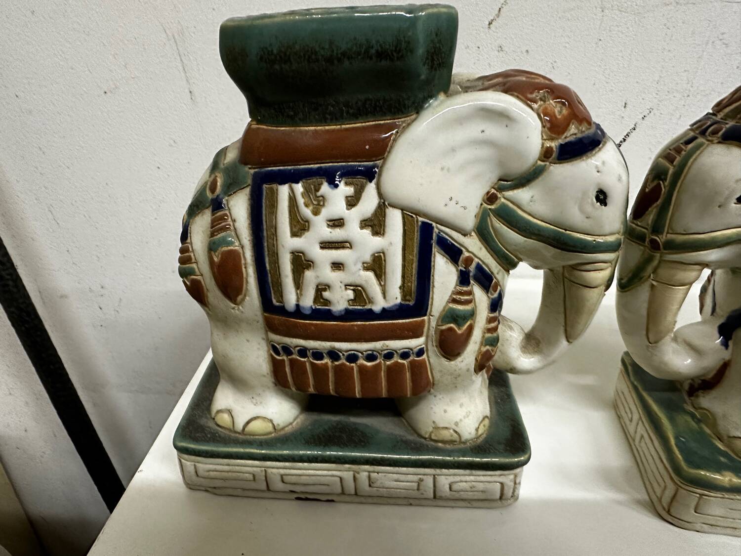 Pair of ceramic elephant plant stands polychrome sculpture - India