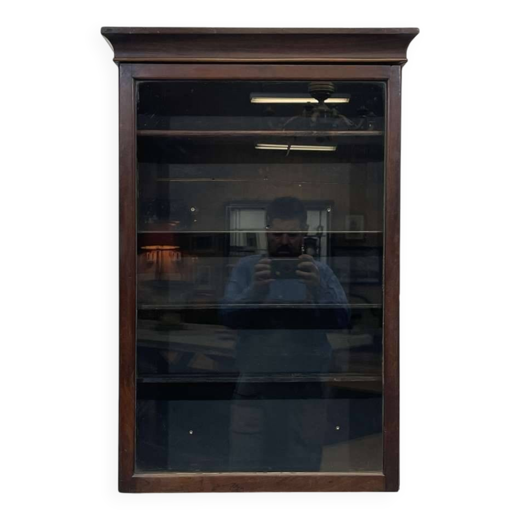 1950s English mahogany wall display cabinet