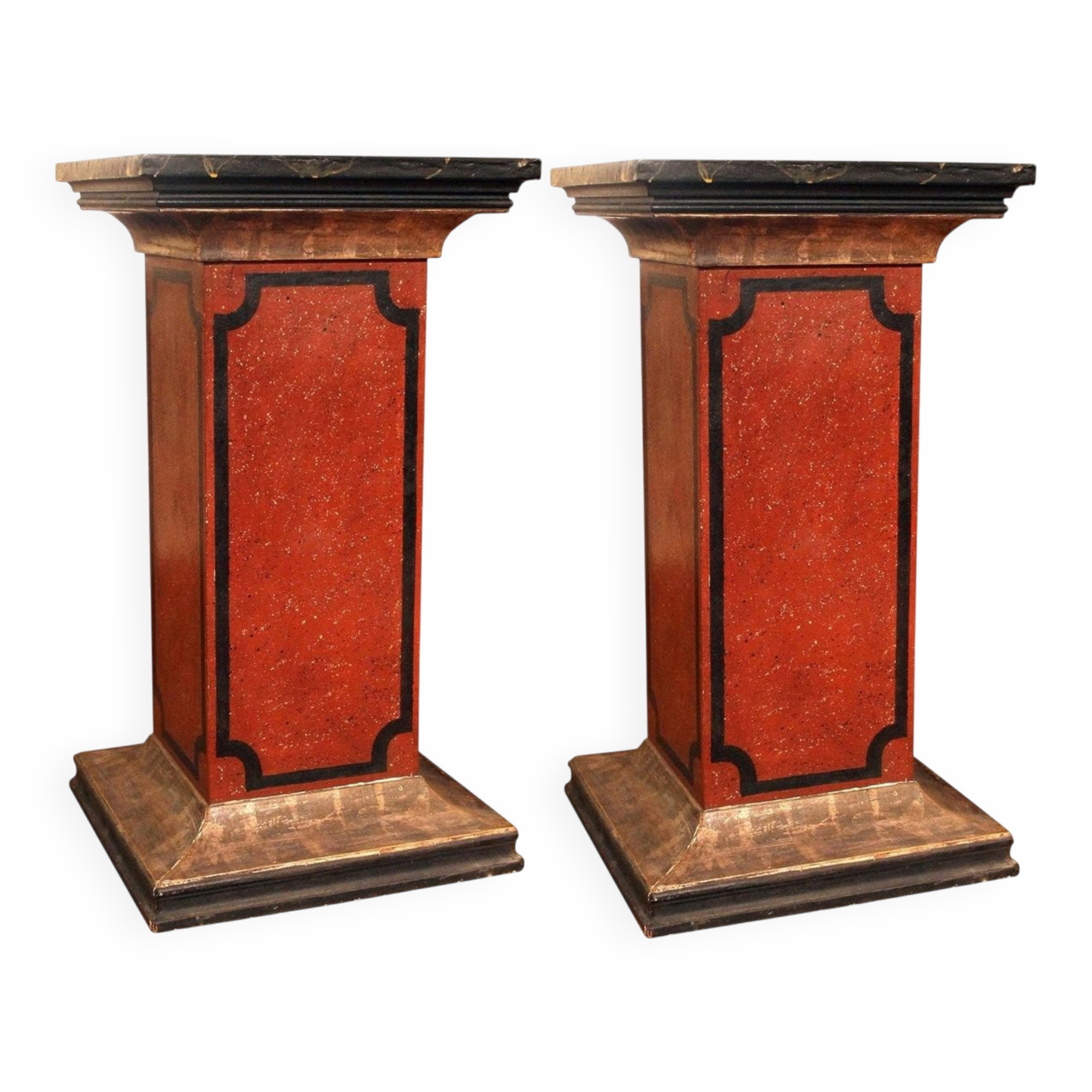 19th Century Italian Faux Marble Lacquer Architectural Pedestals or Columns, Set of 2