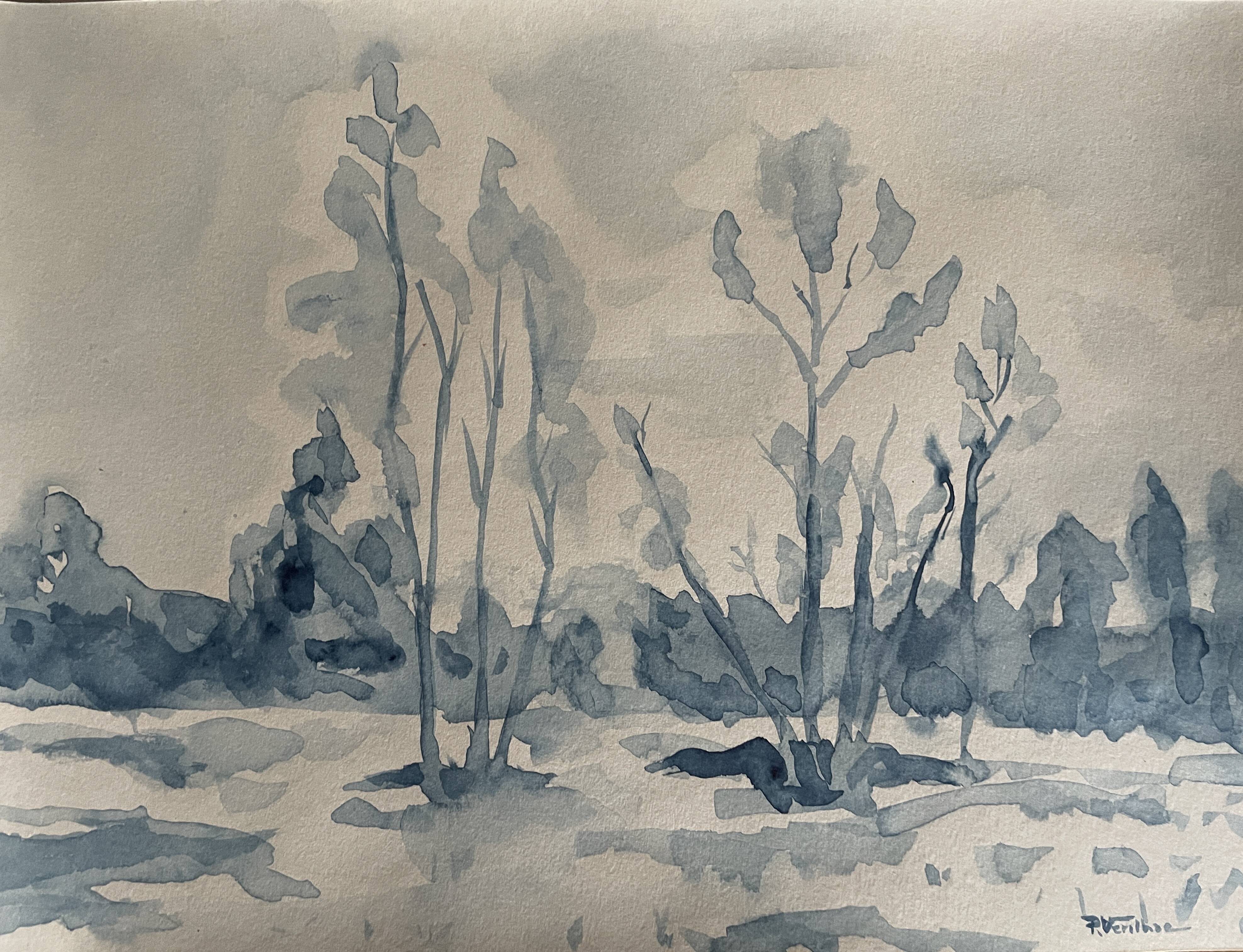 Tableau Aquarelle signé monochrome blue jeans « la forêt bleue »