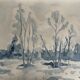 Tableau Aquarelle signé monochrome blue jeans « la forêt bleue »