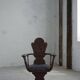 Scandinavian armchair in solid oak with cushion, folk art, early 19th century.
