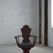 Scandinavian armchair in solid oak with cushion, folk art, early 19th century.