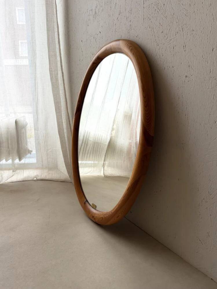 Oval pine mirror Glasmaster Markaryd Sweden 1970s