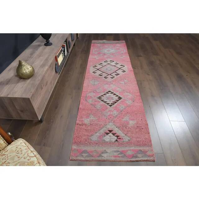 1970s Turkish Oushak Handmade Wool Cotton Pink Area Rug 84x304