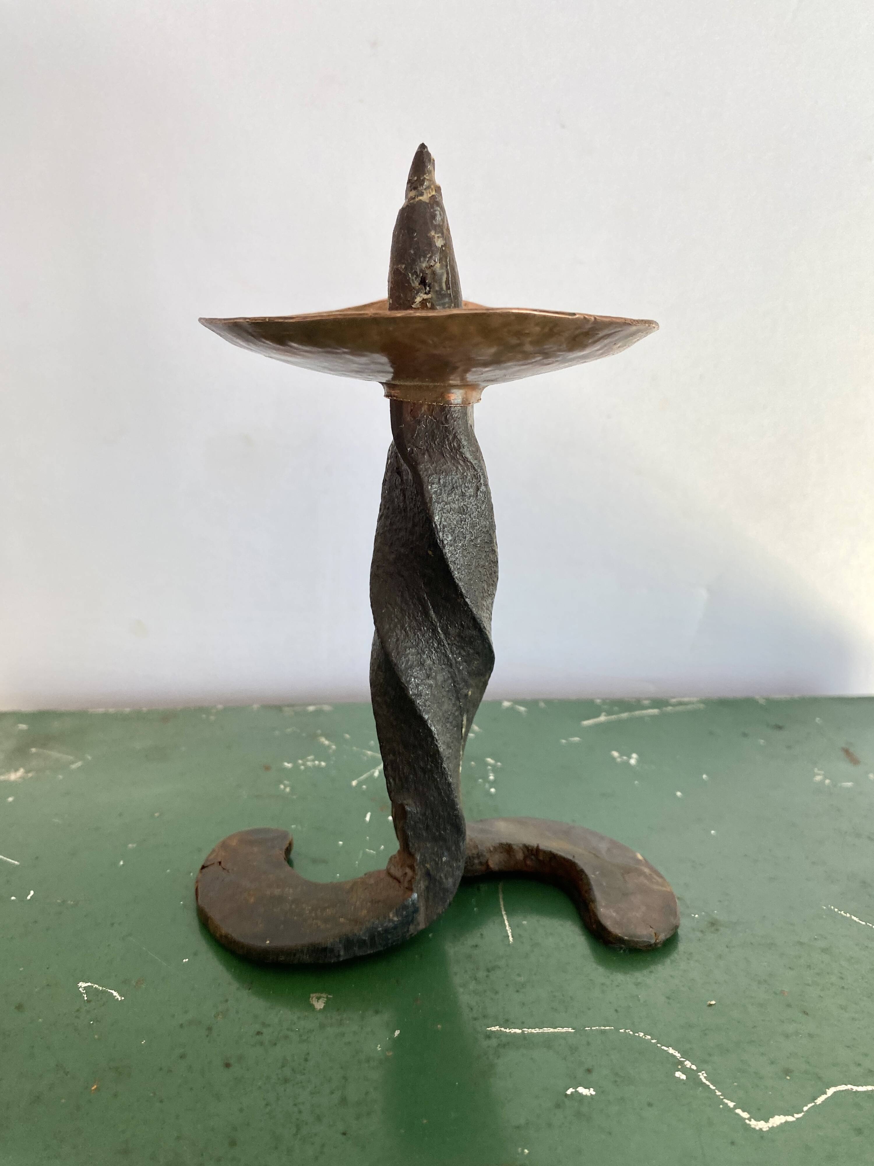 Brutalist wrought iron and brass candle holder