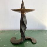 Brutalist wrought iron and brass candle holder