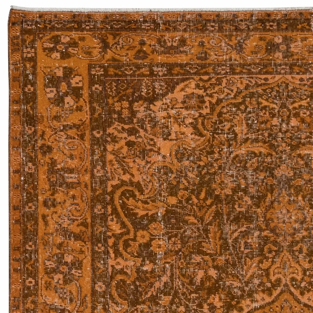 Vintage Hand-knotted Medallion Design Turkish Wool Area Rug Overdyed in Orange for Living Room