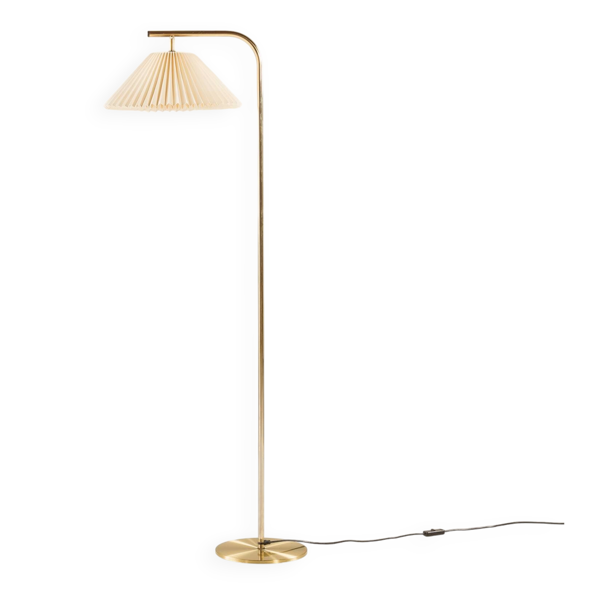 Danish brass floor lamp with Le Klint shade, 1970s