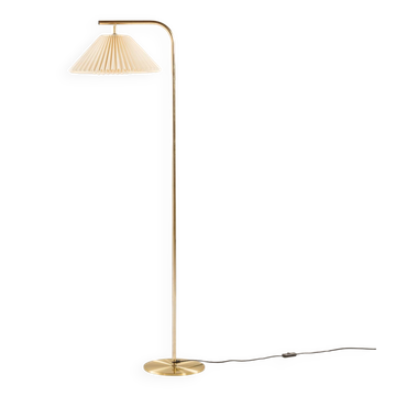 Lampe de sol en laiton danoise avec abat-jour Le Klint, années 1970.