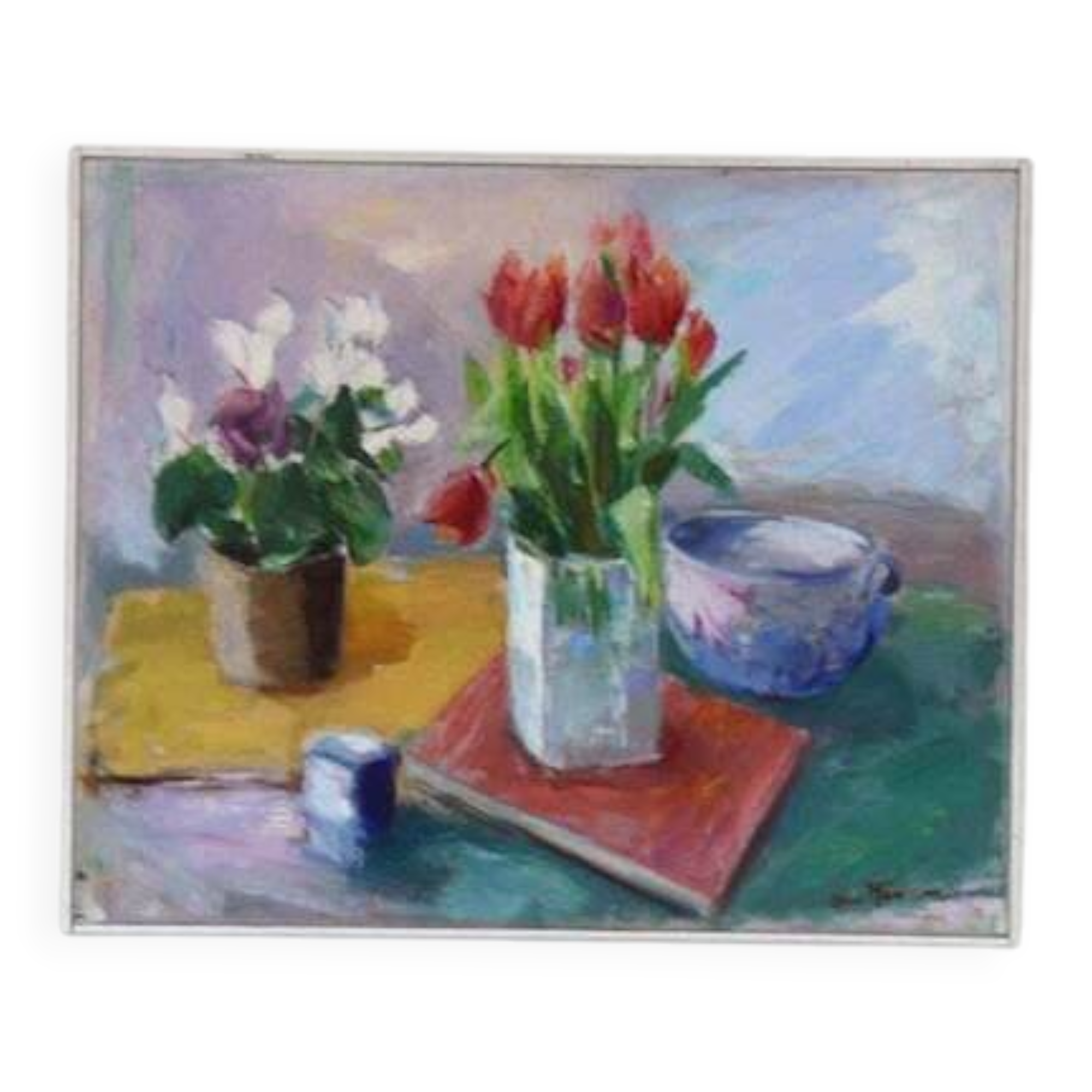 Huile sur toile suédoise d'époque mi-siècle – « Nature morte avec des tulipes » par Ove Månsson – vintage et encadrée – 51 × 62 cm (20,1" × 24,4")