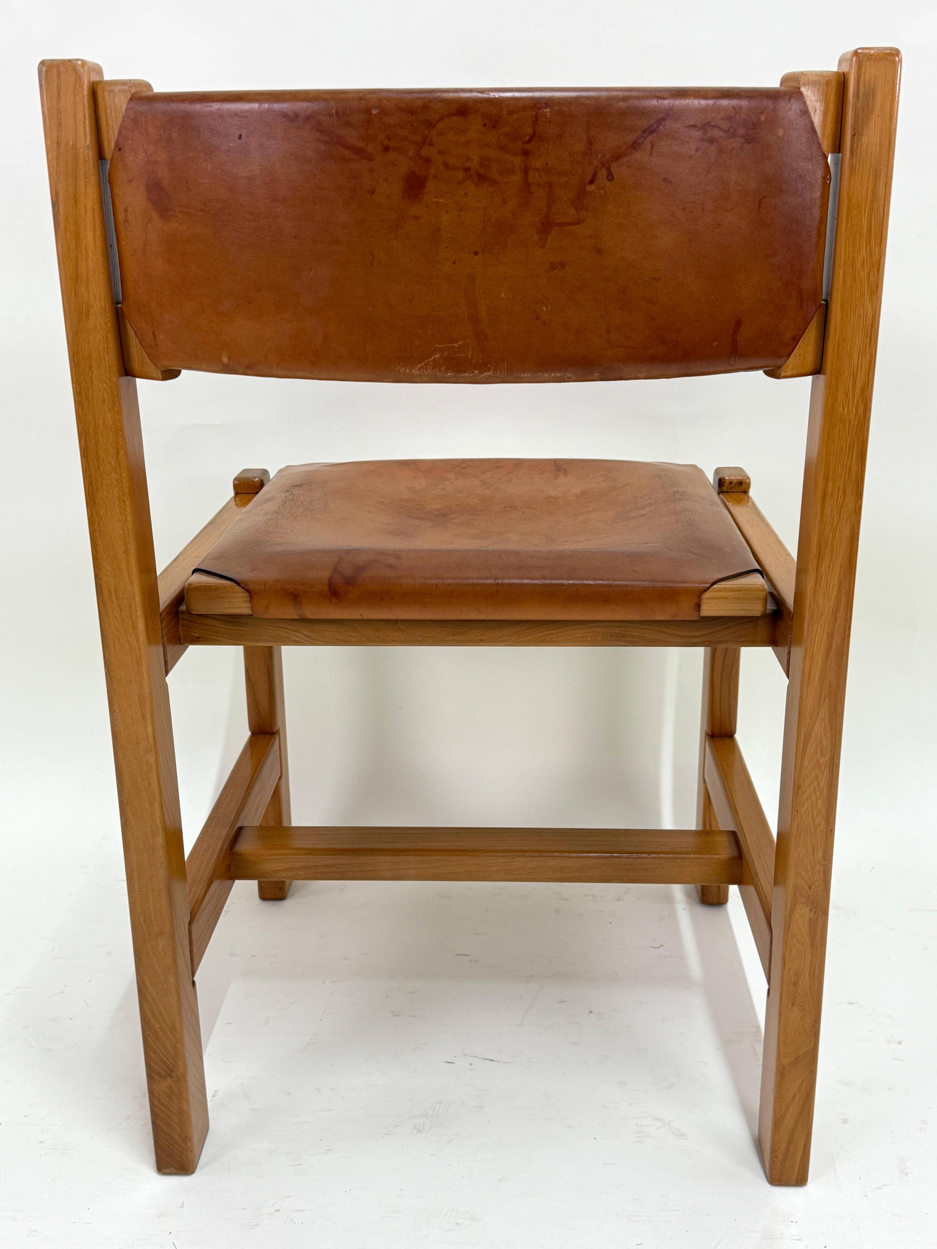 Set of 6 Maison Regain Chairs - Solid Elm and Fawn Leather - Circa 70