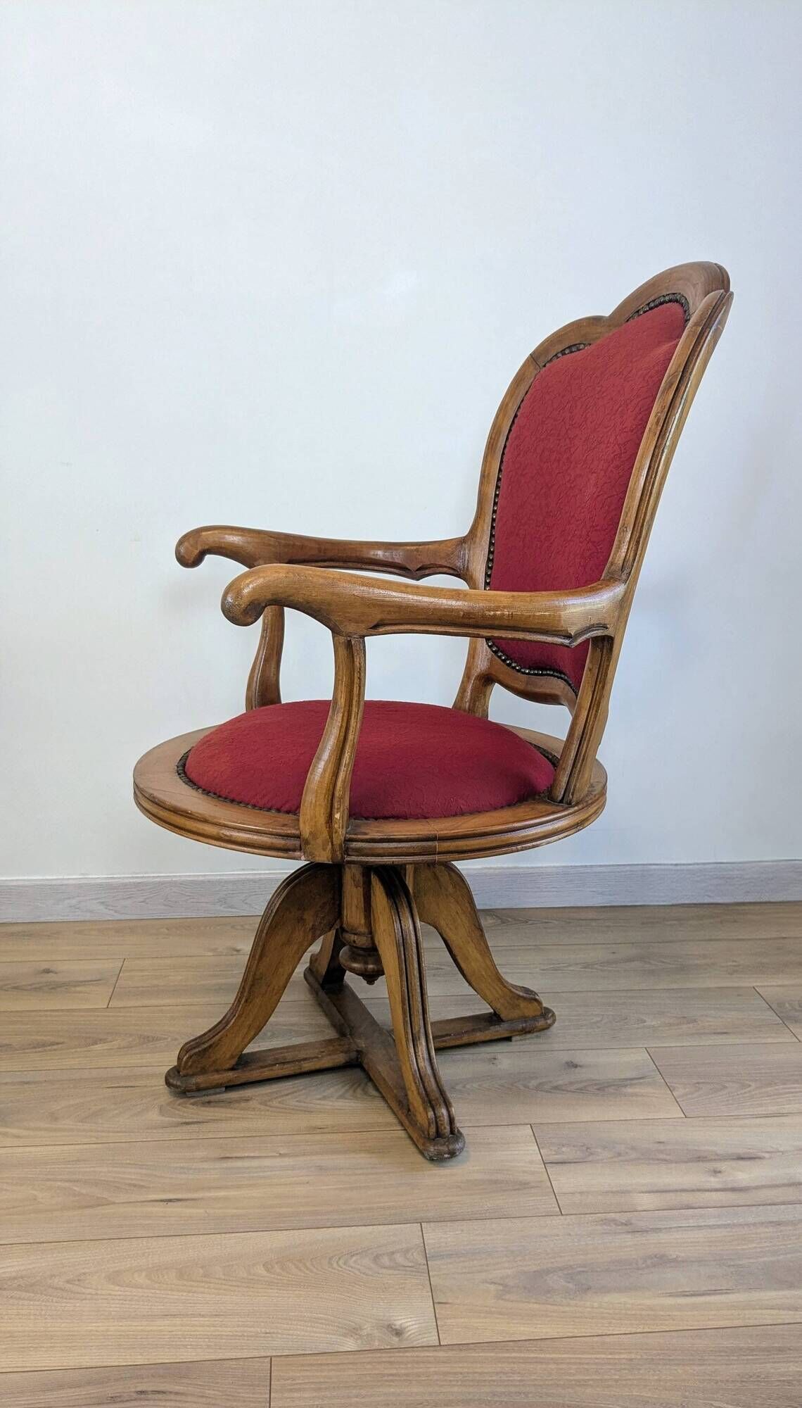 Oak and fabric captain's chair - swivel, antique studded finish