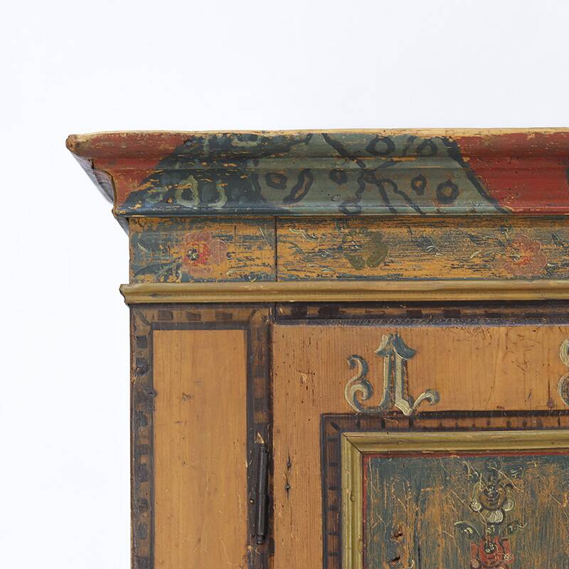 Antique Rustic Farmhouse Folk Art Painted Bridal Cabinet 1822