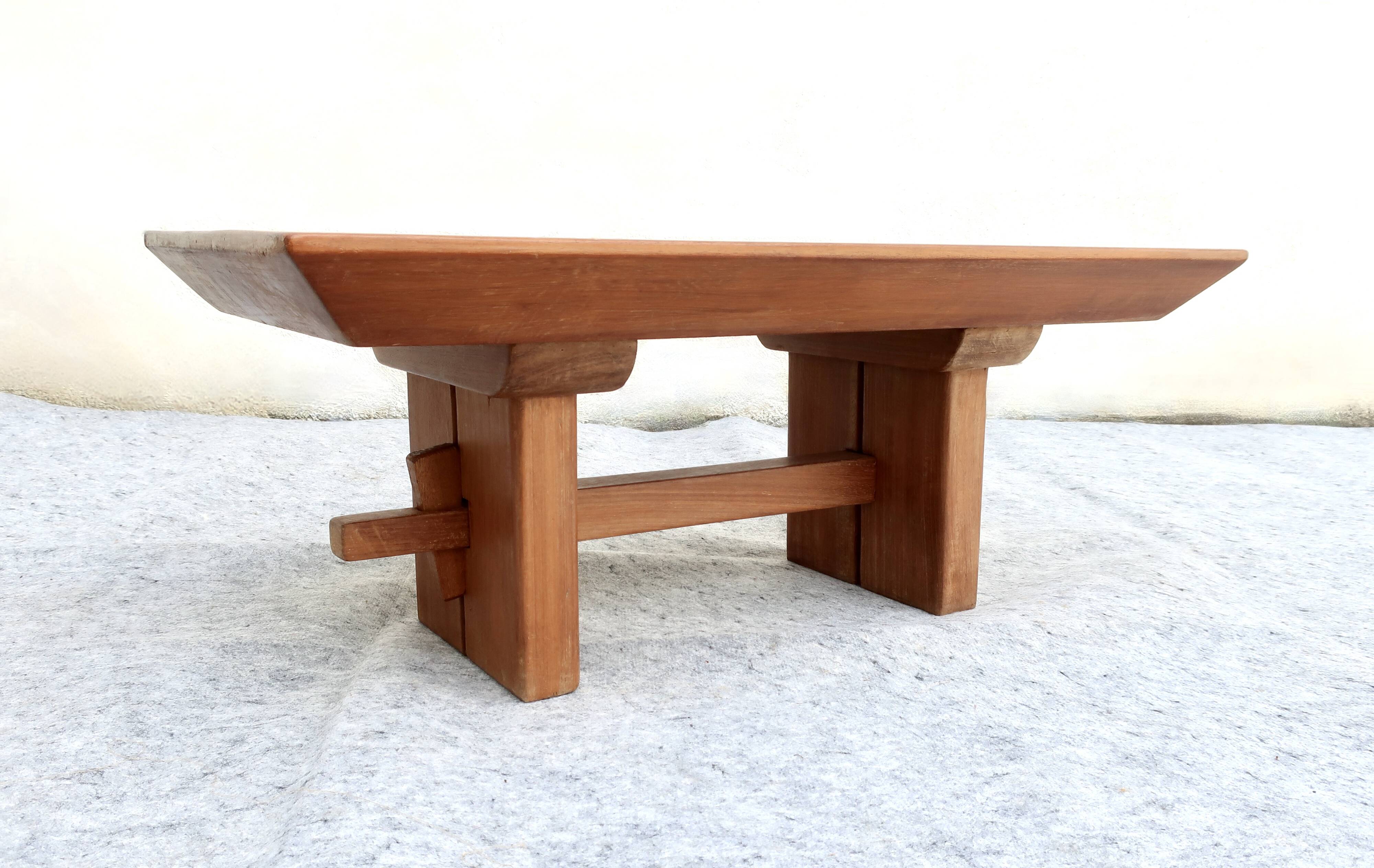 Scandinavian "Brutalist" Coffee Table, Japandi Style, Solid Teak, 20th Century