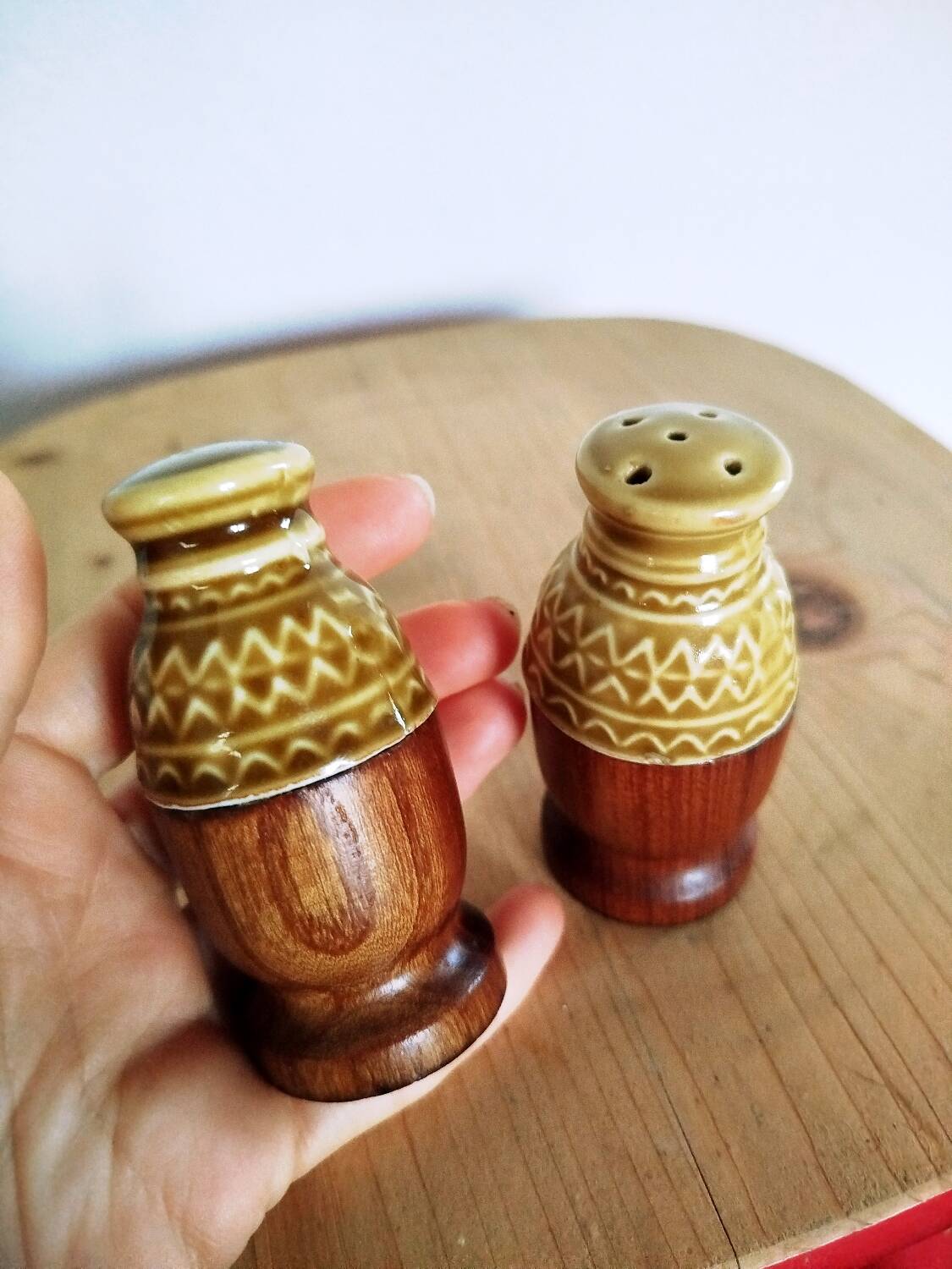 Olive wood and ceramic salt and pepper shakers