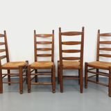 Set of 4 vintage brutalist Charles Dudouyt chairs in wood and straw from the 60s