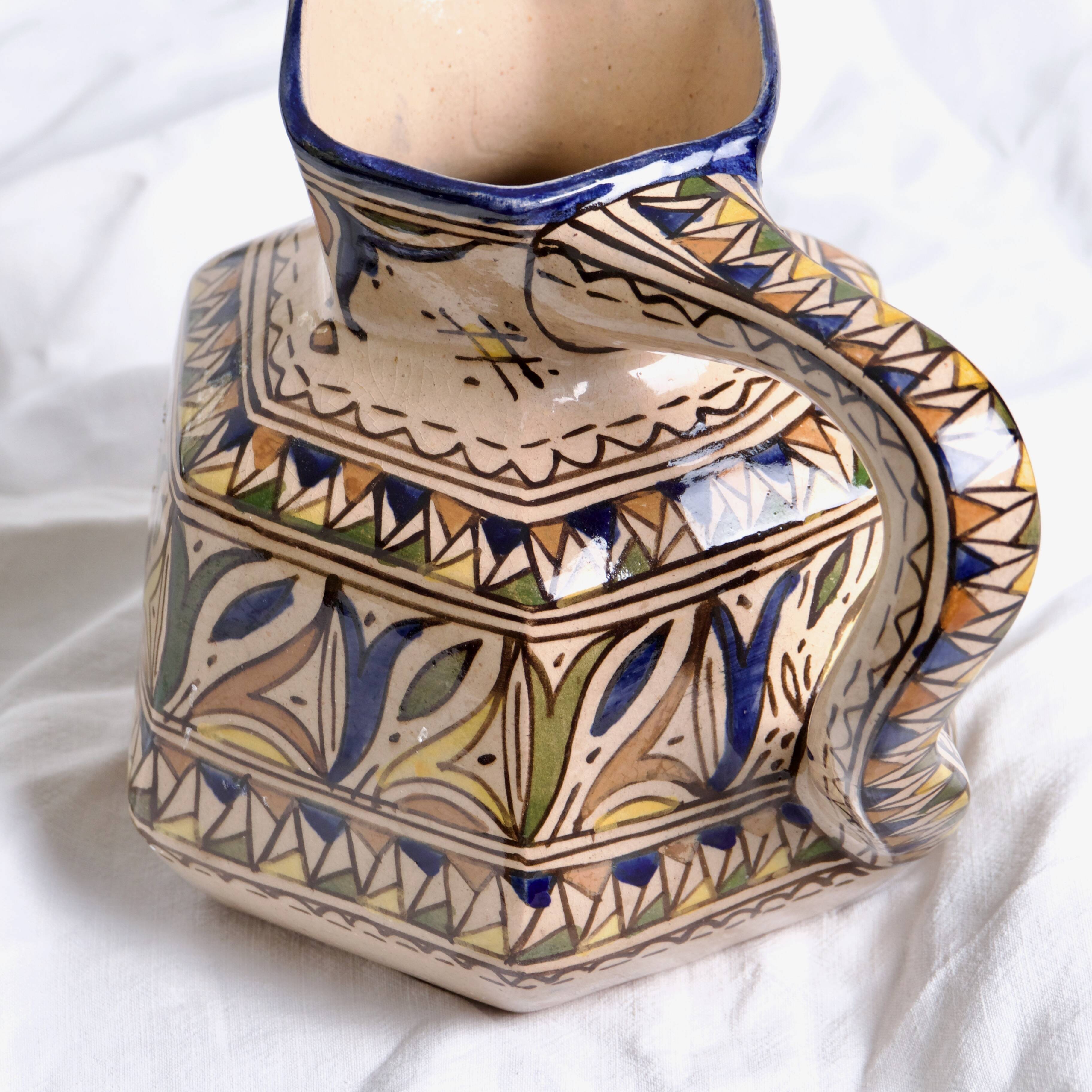 Antique hexagonal carafe in ceramic art from Fes