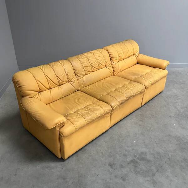 Yellow leather lounge sofa by Laauser, 1970s