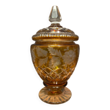 Very beautiful covered pot, crystal urn with cut and tinted decoration, bohemian twentieth