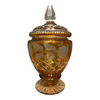Very beautiful covered pot, crystal urn with cut and tinted decoration, bohemian twentieth