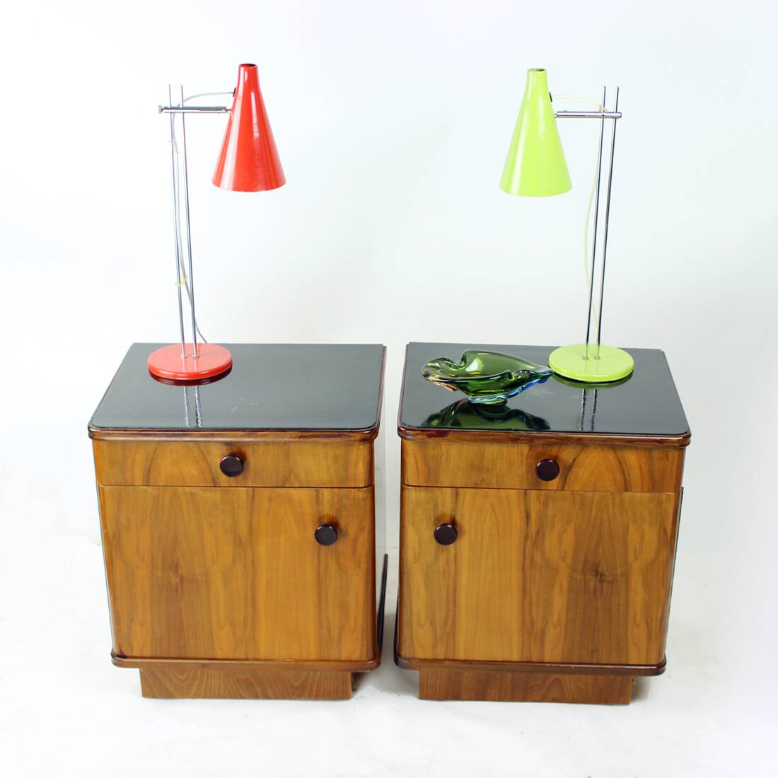 Mid Century Bedside Tables In Oak And Walnut Veneer, Czechoslovakia, 1950s,