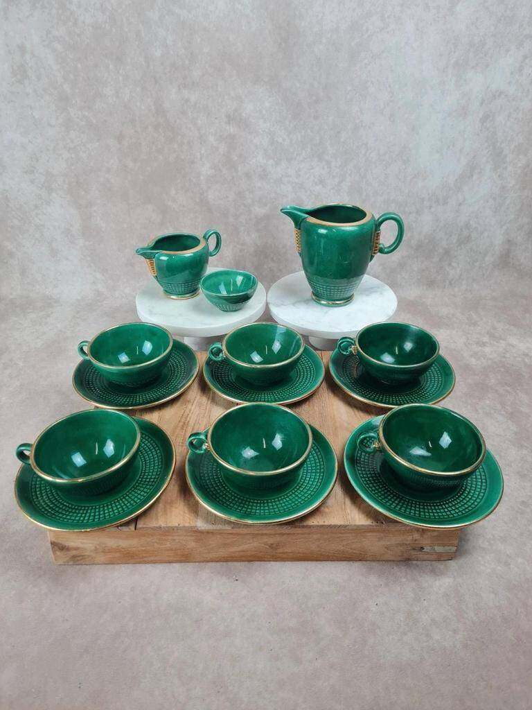 Service à café / thé Saint-Clément modèle 4044 vert émaillé doré – Art déco