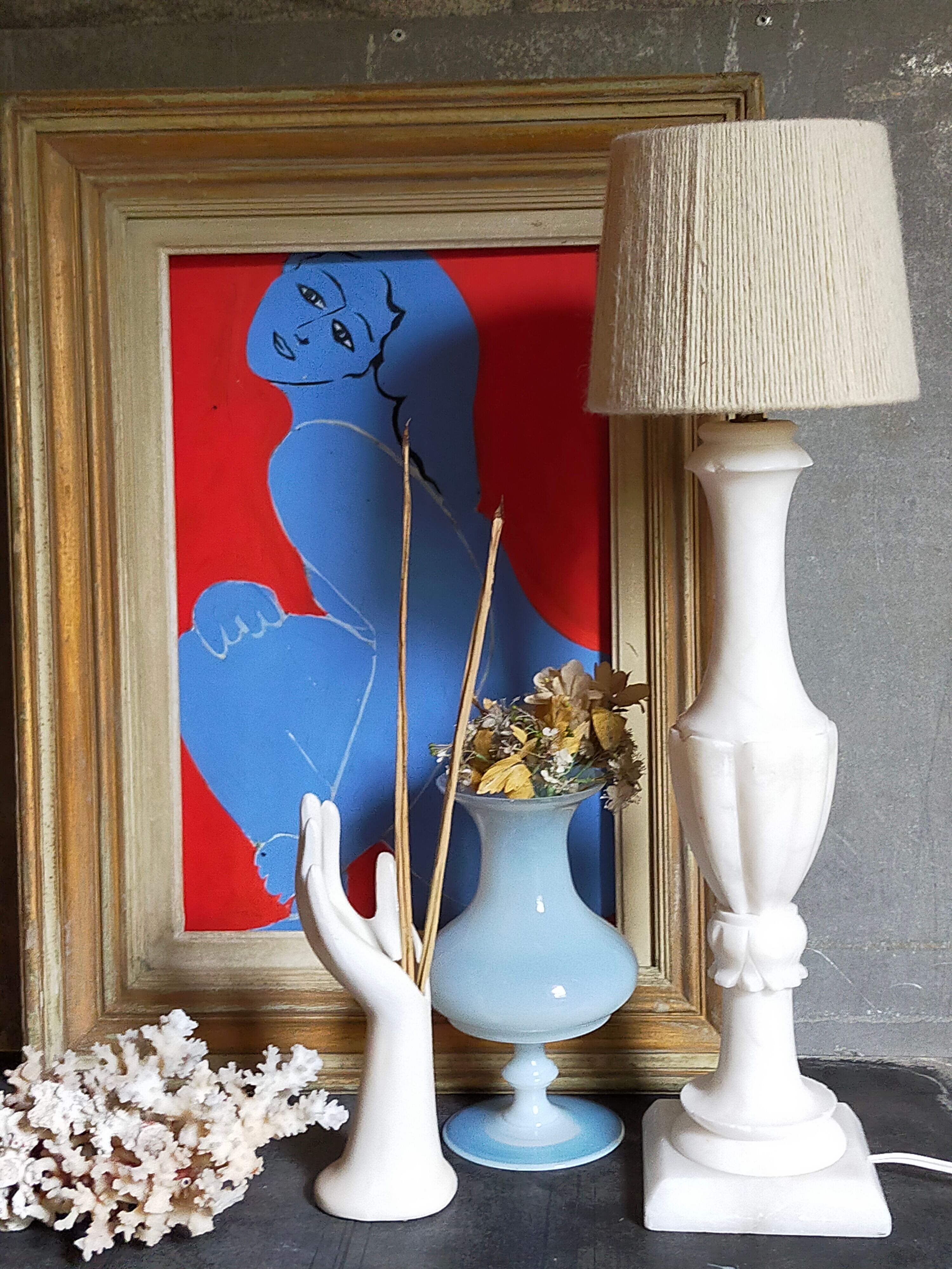 Lampe de table en albâtre, pied balustre, abat-jour en laine vierge