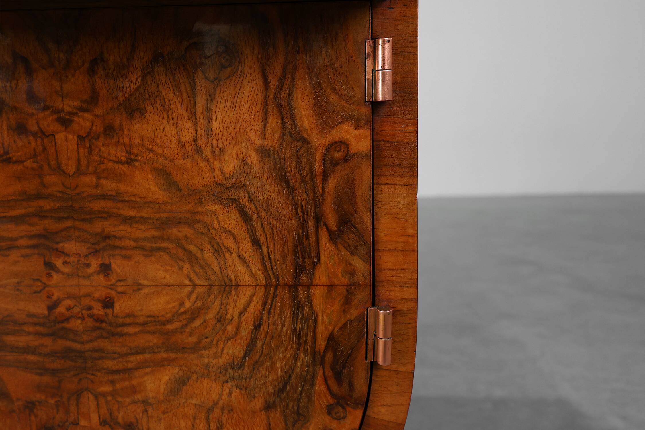 Belgian Art Deco Cabinet in Burl Veneer with Marble and Glass, circa 1930