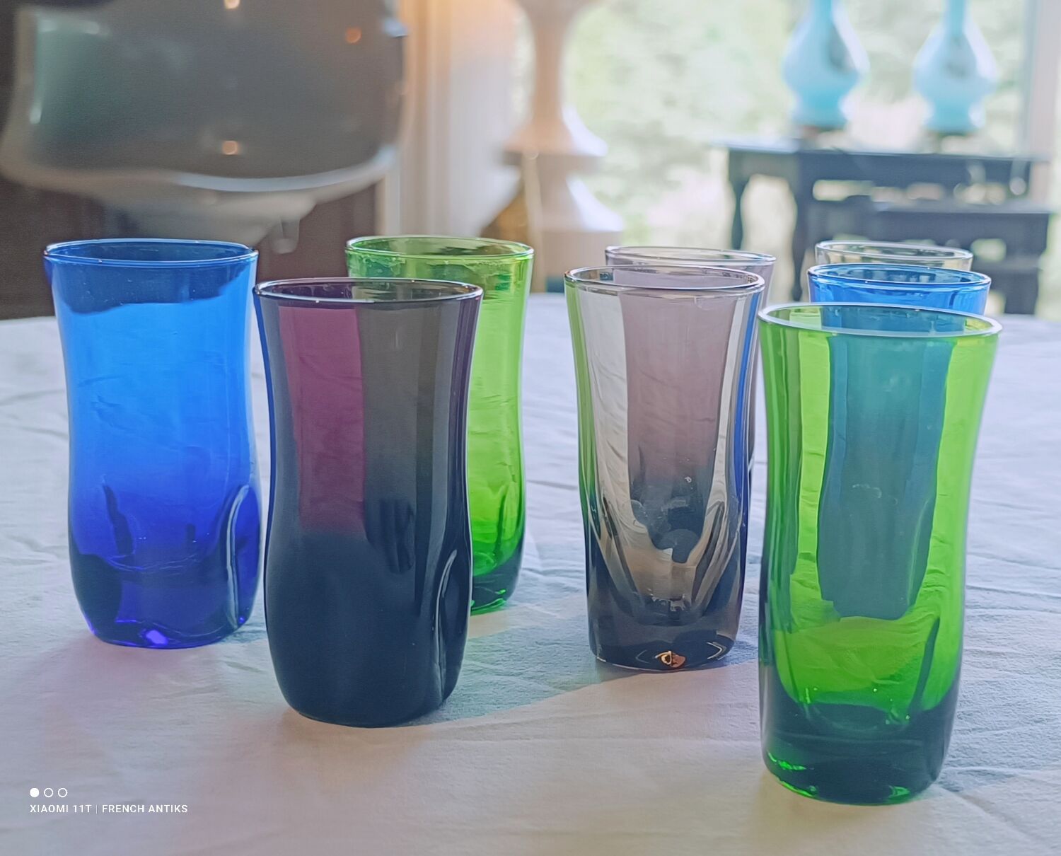 8 verres à liqueur, verre fumé, verrerie de Portieux, 1970's