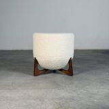 Totemo stool by forme, ivory dedar bouclé upholstery, walnut legs