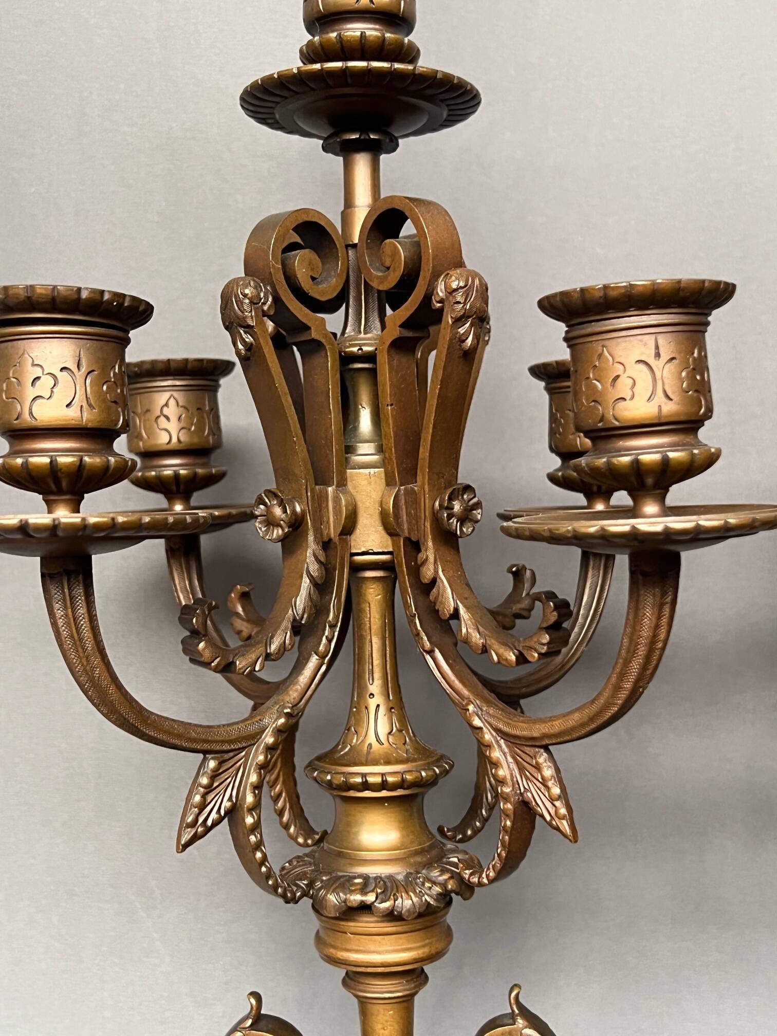 Pair of large Renaissance-style candlesticks. Marble. Solid bronze.