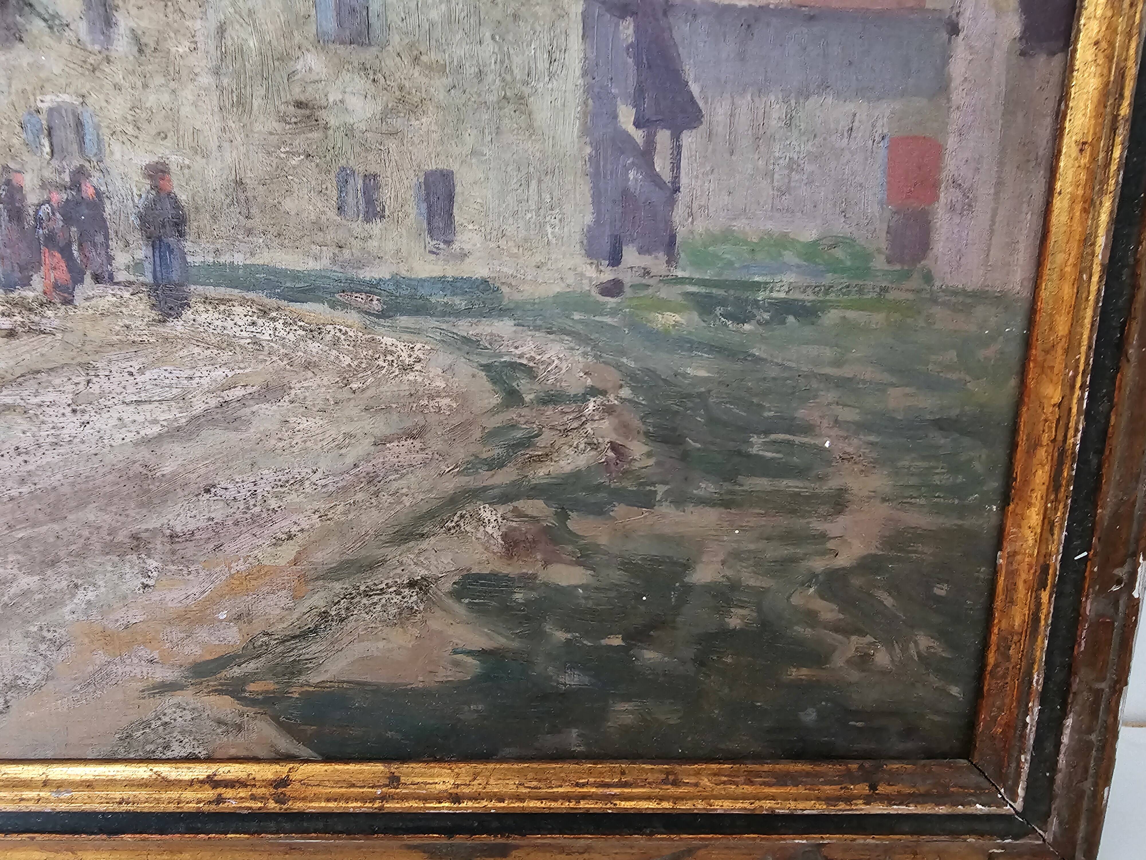 Oil on Panel Painting Animated Landscape Village Signed Gaëtan MONTAGNEY 1888