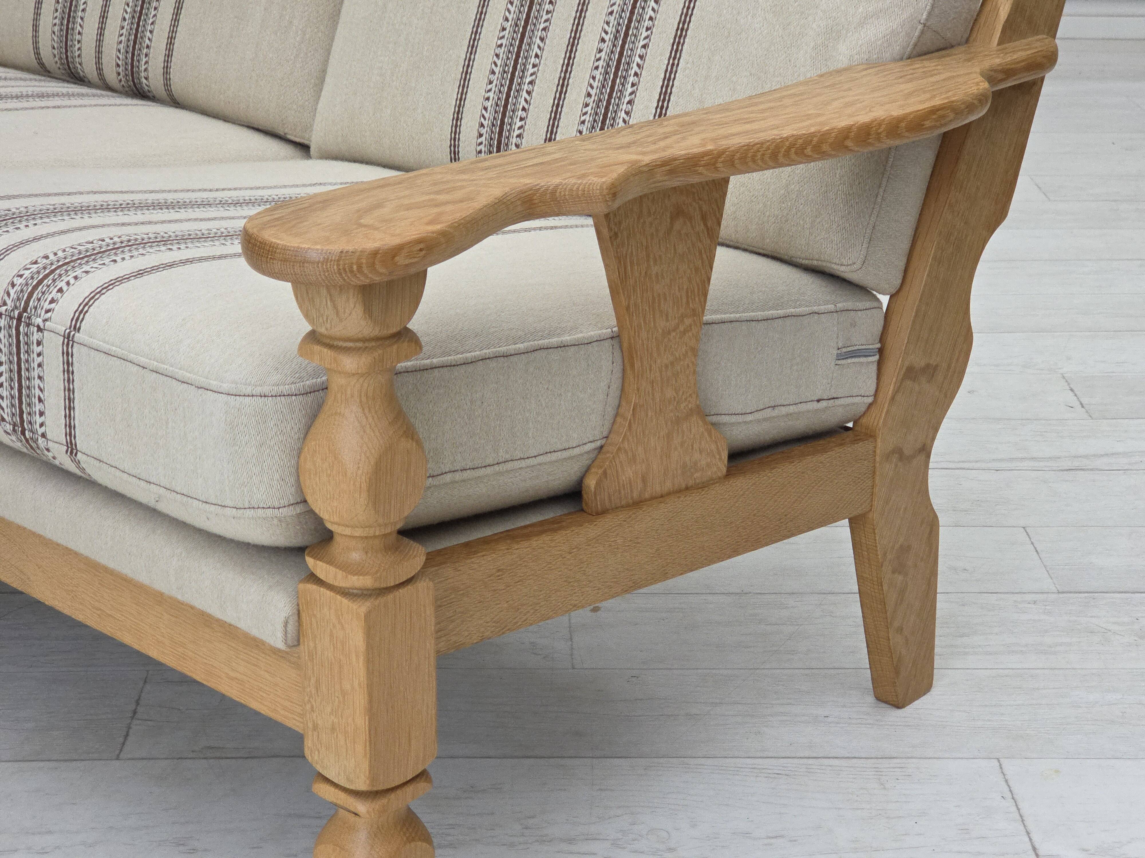 1970s, Danish 3-seater sofa, beige furniture wool, solid oak wood.